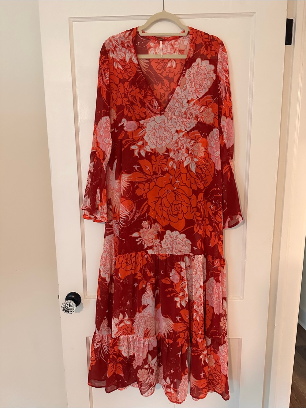 Free People Red Floral Long-Sleeve V-Neck Maxi Dress